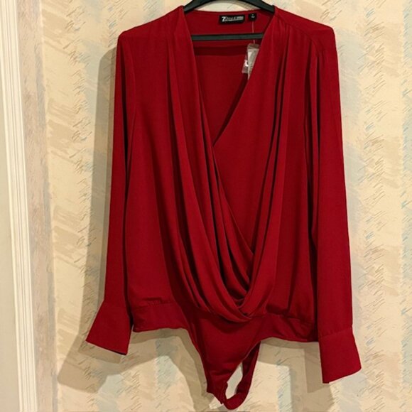 NYC 7th Avenue Red Dressy Cross Over XL Drapey Blouse Body Suit V Neck NWT - Picture 1 of 10